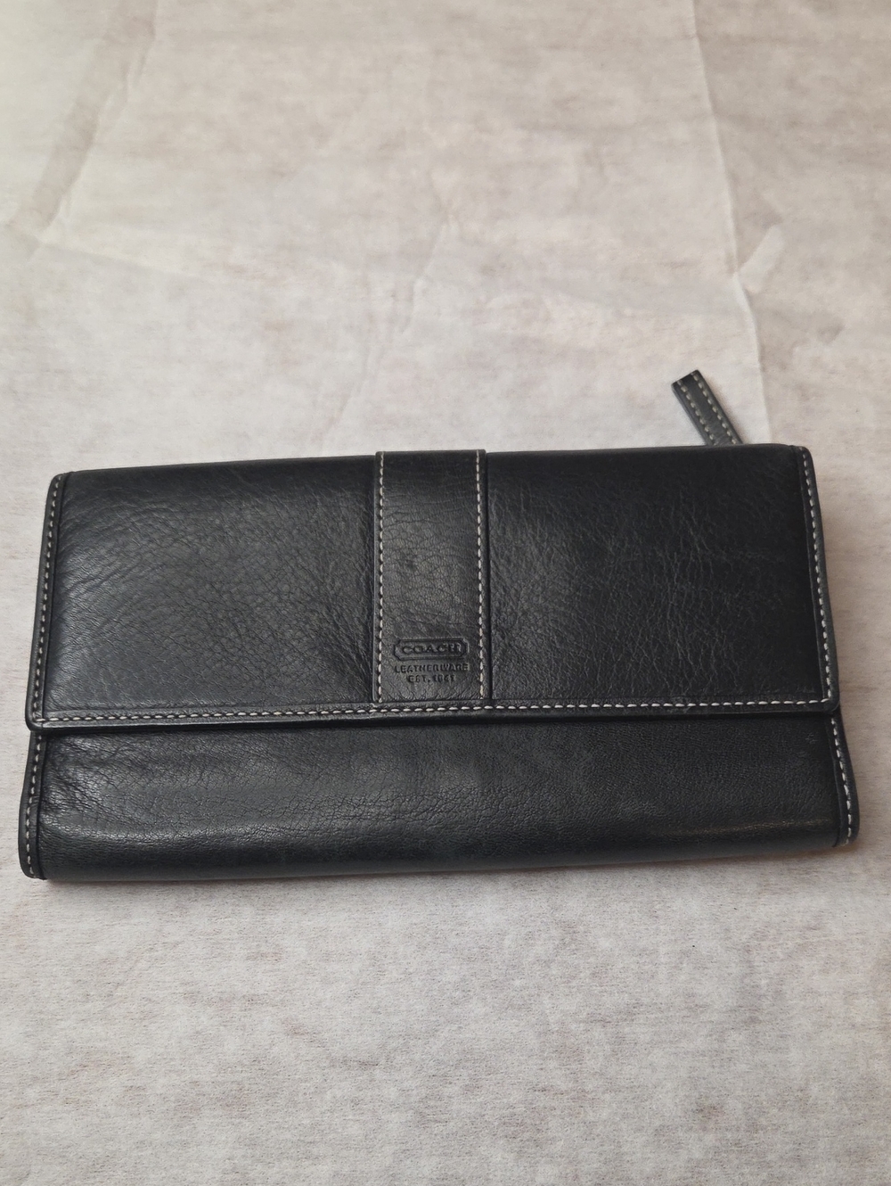 Coach Black Leather Slim Trifold Wallet with White Stitching